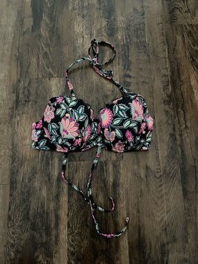 Floral Black Pink Halter Bikini Top